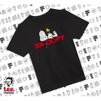 Snoopy sleep, Άνετο παιδικό T-Shirt ΜΑΥΡΟ από 100% βαμβάκι, για κάθε μέρα. Vegan & OEKO-TEX πιστοποιημένο.