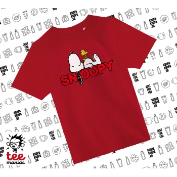Snoopy sleep, Άνετο παιδικό T-Shirt ΚΟΚΚΙΝΟ από 100% βαμβάκι, για κάθε μέρα. Vegan & OEKO-TEX πιστοποιημένο.