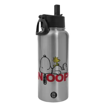 Snoopy sleep, Μεταλλικό παγούρι θερμός Silver με καλαμάκι και χερούλι (Stainless steel), διπλού τοιχώματος, 950ml