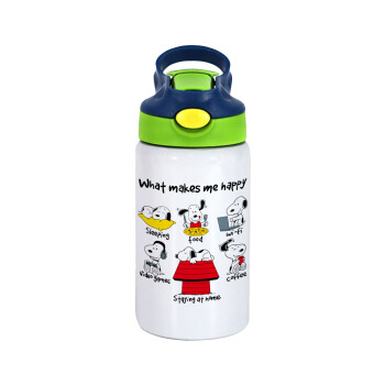 Snoopy what makes my happy, Παιδικό παγούρι θερμό, ανοξείδωτο, με καλαμάκι ασφαλείας, πράσινο/μπλε (350ml)