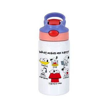 Snoopy what makes my happy, Children's hot water bottle, stainless steel, with safety straw, pink/purple (350ml)