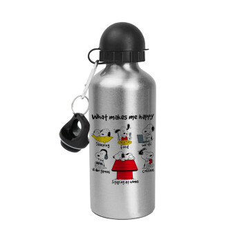 Snoopy what makes my happy, Μεταλλικό παγούρι νερού, Ασημένιο, αλουμινίου 500ml