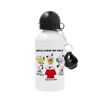 Snoopy what makes my happy, Metal water bottle, White, aluminum 500ml