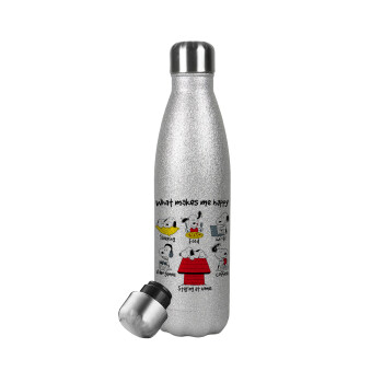 Snoopy what makes my happy, Μεταλλικό παγούρι θερμός Glitter Aσημένιο (Stainless steel), διπλού τοιχώματος, 500ml