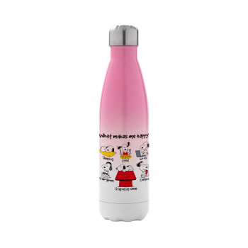 Snoopy what makes my happy, Metal mug thermos Pink/White (Stainless steel), double wall, 500ml