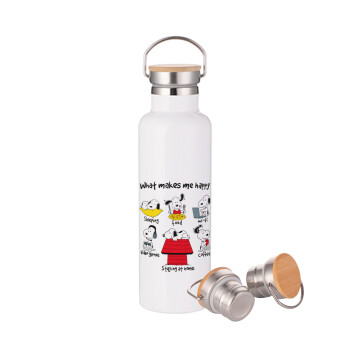 Snoopy what makes my happy, Stainless steel White with wooden lid (bamboo), double wall, 750ml