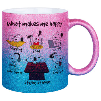 Snoopy what makes my happy, Κούπα Χρυσή/Μπλε Glitter, κεραμική, 330ml
