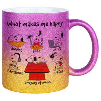 Snoopy what makes my happy, Κούπα Χρυσή/Ροζ Glitter, κεραμική, 330ml