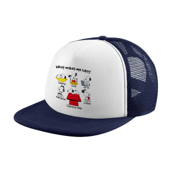 Snoopy what makes my happy, Καπέλο Ενηλίκων Soft Trucker με Δίχτυ Dark Blue/White (POLYESTER, ΕΝΗΛΙΚΩΝ, UNISEX, ONE SIZE)
