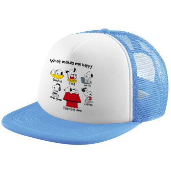 Snoopy what makes my happy, Καπέλο Soft Trucker με Δίχτυ Γαλάζιο/Λευκό