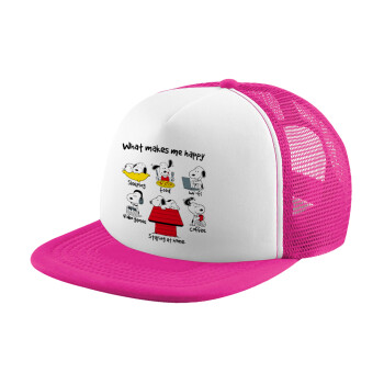 Snoopy what makes my happy, Καπέλο Soft Trucker με Δίχτυ Pink/White 