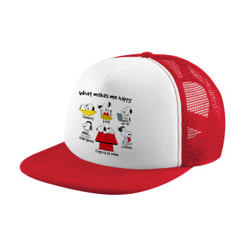 Snoopy what makes my happy, Καπέλο Ενηλίκων Soft Trucker με Δίχτυ Red/White (POLYESTER, ΕΝΗΛΙΚΩΝ, UNISEX, ONE SIZE)