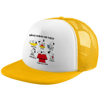 Snoopy what makes my happy, Καπέλο Ενηλίκων Soft Trucker με Δίχτυ Κίτρινο/White (POLYESTER, ΕΝΗΛΙΚΩΝ, UNISEX, ONE SIZE)