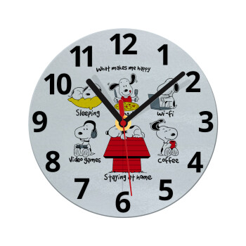 Snoopy what makes my happy, Ρολόι τοίχου γυάλινο (20cm)