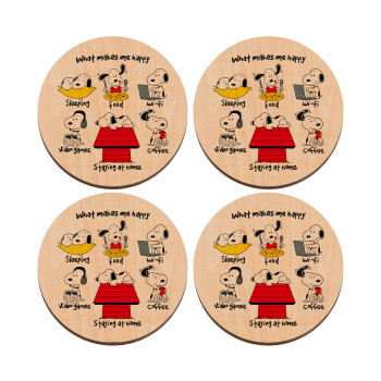 Snoopy what makes my happy, ΣΕΤ x4 Σουβέρ ξύλινα στρογγυλά plywood (9cm)