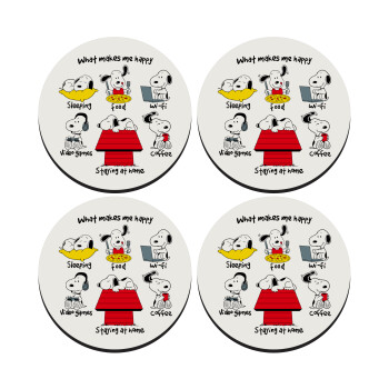 Snoopy what makes my happy, SET of 4 round wooden coasters (9cm)