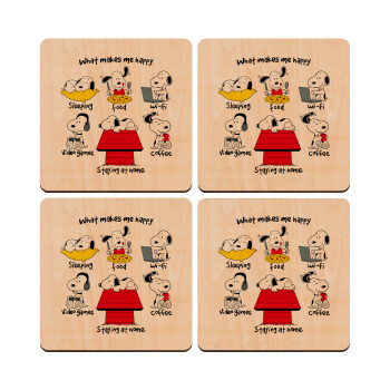 Snoopy what makes my happy, ΣΕΤ x4 Σουβέρ ξύλινα τετράγωνα plywood (9cm)