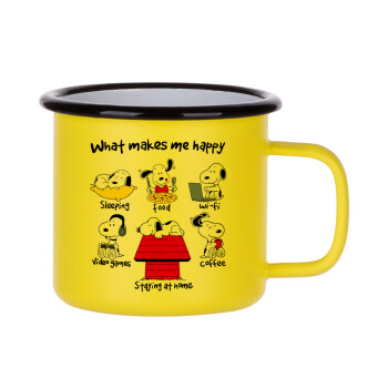 Snoopy what makes my happy, Κούπα Μεταλλική εμαγιέ ΜΑΤ Κίτρινη 360ml