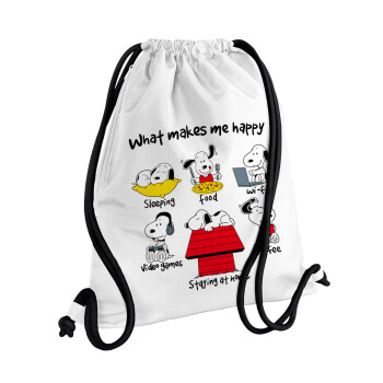 Snoopy what makes my happy, Τσάντα πλάτης πουγκί GYMBAG λευκή, με τσέπη (40x48cm) & χονδρά κορδόνια