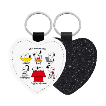 Snoopy what makes my happy, Μπρελόκ PU δερμάτινο glitter καρδιά ΜΑΥΡΟ