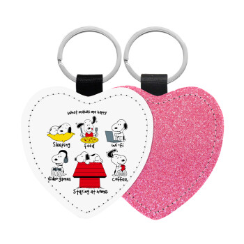 Snoopy what makes my happy, Μπρελόκ PU δερμάτινο glitter καρδιά ΡΟΖ