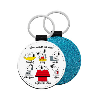 Snoopy what makes my happy, Μπρελόκ Δερματίνη, στρογγυλό ΜΠΛΕ (5cm)