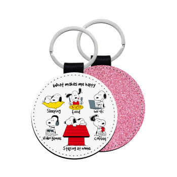 Snoopy what makes my happy, Μπρελόκ Δερματίνη, στρογγυλό ΡΟΖ (5cm)