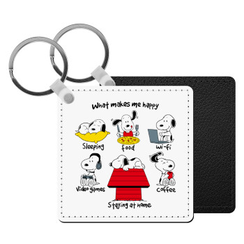 Snoopy what makes my happy, Μπρελόκ Δερματίνη, τετράγωνο ΜΑΥΡΟ (5x5cm)