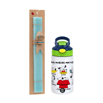 Snoopy what makes my happy, Πασχαλινό Σετ, Παιδικό παγούρι θερμό, ανοξείδωτο, με καλαμάκι ασφαλείας, πράσινο/μπλε (350ml) & πασχαλινή λαμπάδα αρωματική πλακέ (30cm) (ΤΙΡΚΟΥΑΖ)