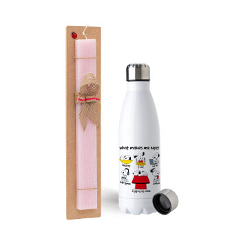 Snoopy what makes my happy, Πασχαλινή Λαμπάδα με μεταλλικό παγούρι ανοξείδωτο (750ml) & κερί αρωματικό πλακέ (30cm) (ΡΟΖ)