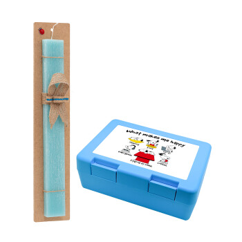 Snoopy what makes my happy, Easter Set, children's snack container BLUE & Easter aromatic flat candle (30cm) (TURQUOISE)