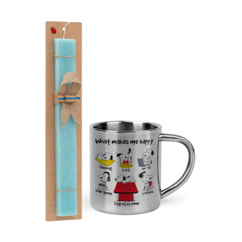 Snoopy what makes my happy, Easter Set, metallic thermal cup (300ml) & aromatic flat Easter candle (30cm) (TURQUOISE)