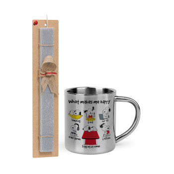 Snoopy what makes my happy, Easter Set, metallic thermal cup (300ml) & Easter aromatic flat candle (30cm) (GRAY)