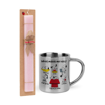 Snoopy what makes my happy, Easter Set, metallic thermal cup (300ml) & aromatic flat Easter candle (30cm) (PINK)