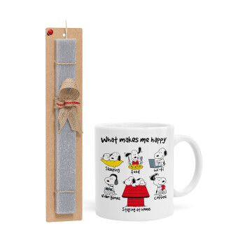 Snoopy what makes my happy, Πασχαλινό Σετ, Κούπα κεραμική (330ml) & πασχαλινή λαμπάδα αρωματική πλακέ (30cm) (ΓΚΡΙ)