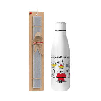 Snoopy what makes my happy, Easter Set, metallic stainless thermos bottle (500ml) & scented flat Easter candle (30cm) (GRAY)