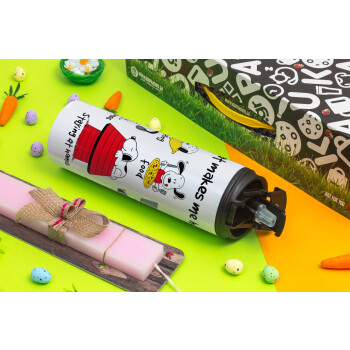 Snoopy what makes my happy, Πασχαλινή Λαμπάδα με Travel Tumbler θερμό με διπλό καπάκι (600ml, BPA free) & κερί αρωματικό πλακέ (30cm) (ΡΟΖ)