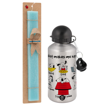 Snoopy what makes my happy, Easter Set, metallic silver aluminum water bottle (500ml) & scented flat Easter candle (30cm) (TURQUOISE)