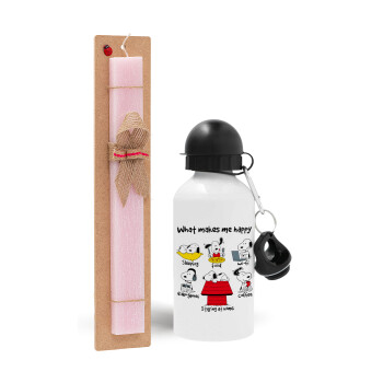 Snoopy what makes my happy, Πασχαλινό Σετ, παγούρι μεταλλικό αλουμινίου (500ml) & πασχαλινή λαμπάδα αρωματική πλακέ (30cm) (ΡΟΖ)