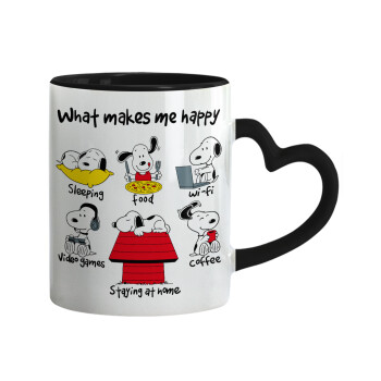 Snoopy what makes my happy, Κούπα καρδιά χερούλι μαύρη, κεραμική, 330ml