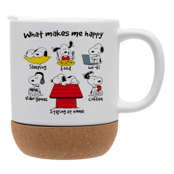 Snoopy what makes my happy, Κούπα, κεραμική με βάση φελού και καπάκι (ΜΑΤ), 330ml