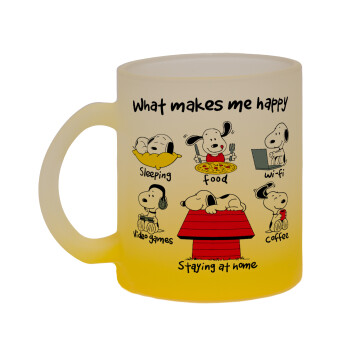 Snoopy what makes my happy, Κούπα γυάλινη δίχρωμη με βάση το κίτρινο ματ, 330ml