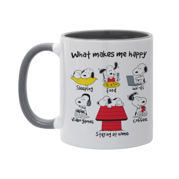 Snoopy what makes my happy, Κούπα χρωματιστή γκρι, κεραμική, 330ml