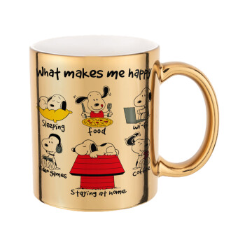 Snoopy what makes my happy, Κούπα κεραμική, χρυσή καθρέπτης, 330ml