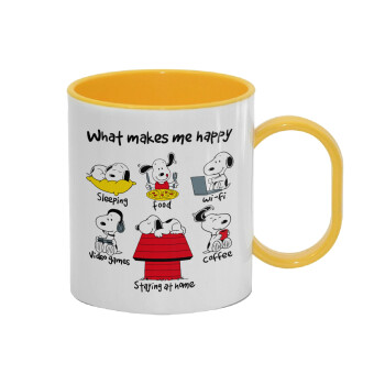 Snoopy what makes my happy, Κούπα (πλαστική) (BPA-FREE) Polymer Κίτρινη για παιδιά, 330ml