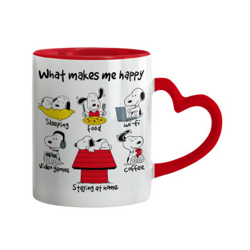 Snoopy what makes my happy, Mug heart red handle, ceramic, 330ml