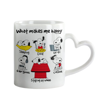 Snoopy what makes my happy, Mug heart handle, ceramic, 330ml