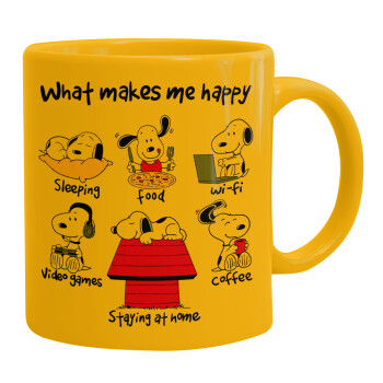 Snoopy what makes my happy, Κούπα, κεραμική κίτρινη, 330ml
