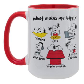 Snoopy what makes my happy, Κούπα Mega 15oz, κεραμική Κόκκινη, 450ml