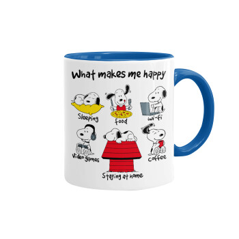Snoopy what makes my happy, Mug colored blue, ceramic, 330ml